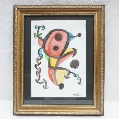 Hand-Painted Abstract Figure After Joan Miro, Watercolor And Gouache On Paper, Framed