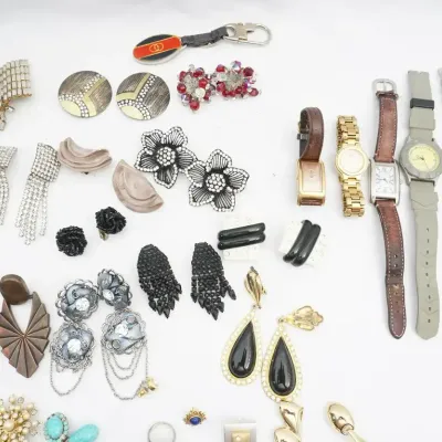 Costume Jewelry Assortment: Rhinestone & Beaded Earrings, Brooches, Rings And Watches