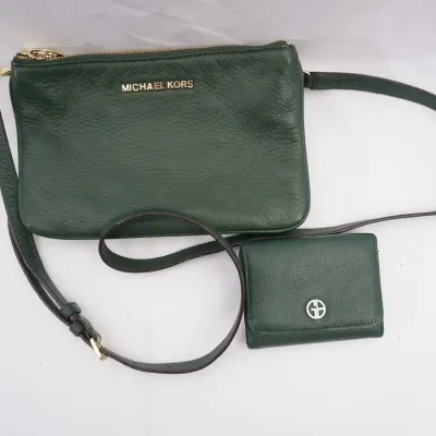 Michael Kors Green Pebbled Leather Crossbody And Giani Bernini Wallet