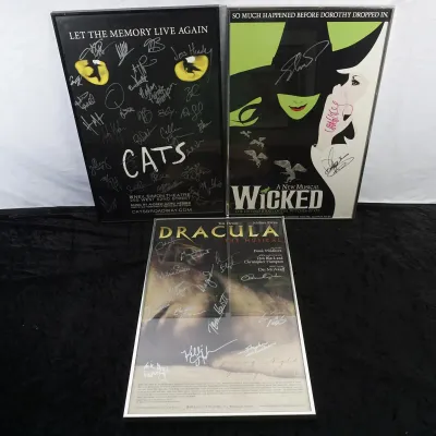 3 Theatre Cards Signed By Cast "Wicked",  "Cats" & "Dracula"