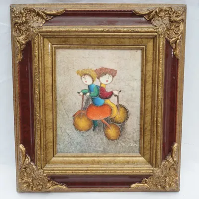 Joyce Roybal, Two Children On A Bicycle, Signed Textured Original