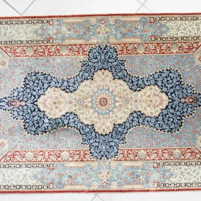 Fine Hand-Knotted Silk-on-Silk Rug - Hereke Style Medallion Carpet 67"x35.5"