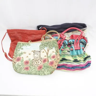 4 Handbags - Leopard Tapestry, Red Woven, Striped Hobo And Navy