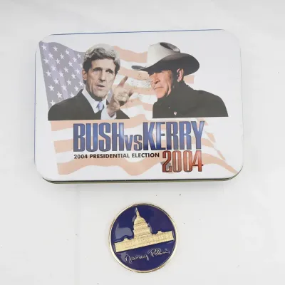 Bush vs. Kerry 2004 Election Folding Knife In Tin And Pelosi Coin