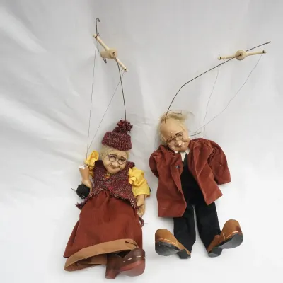 2 Handmade Grandma And Grandpa Wire And String Marionette Puppets