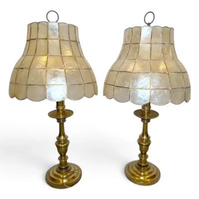Hollywood Regency Capiz Shell Brass Table Lamps