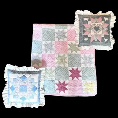 Hand-Stitched Cottagecore Patchwork Star Quilt & Quilted Star Pillows