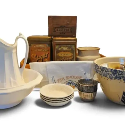 Roseville Pottery Bowl, Metal Canisters, Wood Recipe Box & More