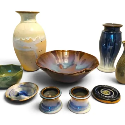 Bill Campbell Art Pottery Bowl, Vase, & Votives 