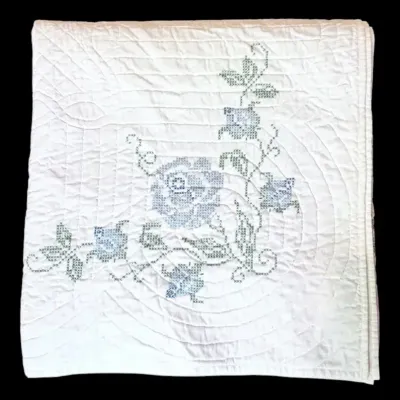 Hand-Stitched Blue Rose Quilt (103.5'' x 102”)