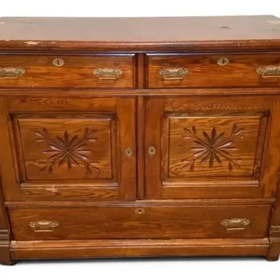Antique Wooden Sideboard Cabinet w/ Carved Star Detailing