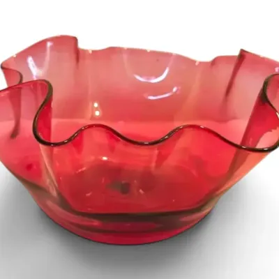 Pink Art Glass Ruffled Bowl - Signed P. Caldwell