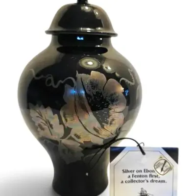 Fenton Silver on Ebony Hand-Painted Glass Ginger Jar - Signed