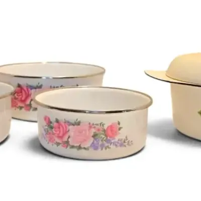 Kockums "Veranka" Enamel Pot w/ Ivy & Metal Enamel Rose Bowls