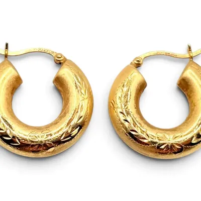 14k Gold Chunky Engraved Hoop Earrings (3.62g)