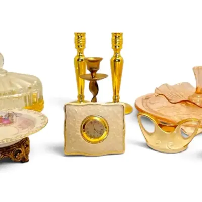 Pink Depression Glass Cake Stand & Candy Dish, Baldwin Brass Candlesticks, Lenox Clock, & More