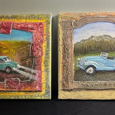 Pair Of Impasto Sports Car Paintings