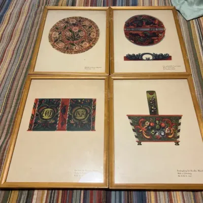 Set Of Vintage Norwegian Rosemaling Folk Art Prints (4) 