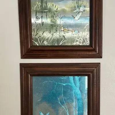 Pair of Framed Vintage-Style Foil Wildlife Prints - Waterfowl & Deer