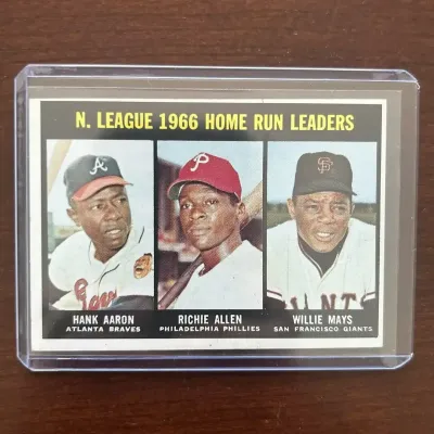 1967 Topps Baseball Card. NL Home Run Leaders - Hank Aaron & Willie Mays. Card #244