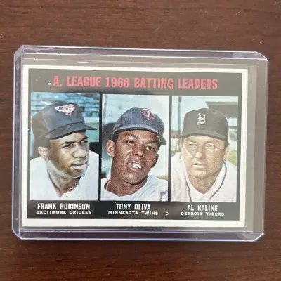 1967 Topps Baseball Card. AL Batting Leaders - Frank Robinson, Al Kaline. Card #239