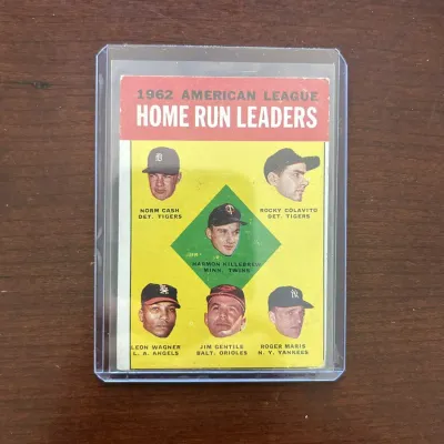1963 Topps Baseball Card. AL Home Run Leaders - Roger Maris, Harmon Killebrew. Card #4