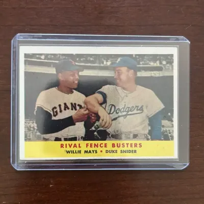 1958 Topps Baseball Card. Rival Fence Busters - Willie Mays & Duke Snider. Card #436