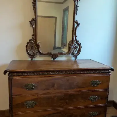 Ornate Wood Dresser With Elaborately Carved Mirror