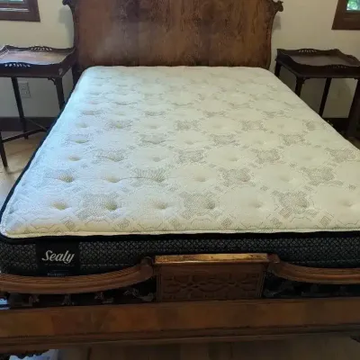 Ornate Wood Bed, Sealy Mattress & Matching Side Tables