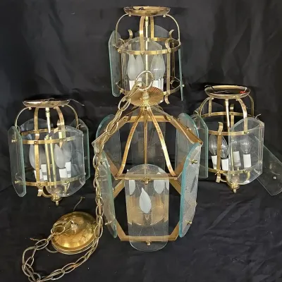 Brass & Beveled Glass Chandelier With Ceiling Lights