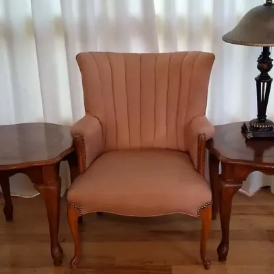 Upholstered Armchair With Matching Side Tables & Brass Table Lamp
