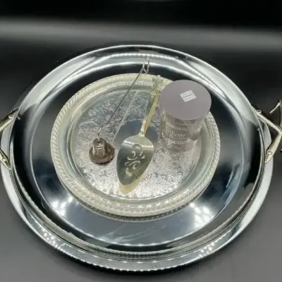 Silverplate Serving Tray with Vintage Accessories & Silver Jewelry Cleaner