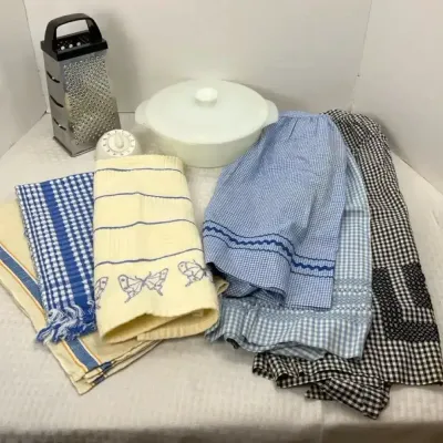 Kitchen Collection with Vintage Anchor Hocking Dish, Aprons & Taylor Timer