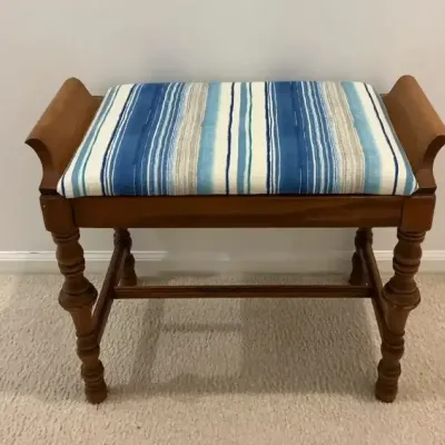 Vintage Carved Wood Bench with Blue Stripe Upholstery