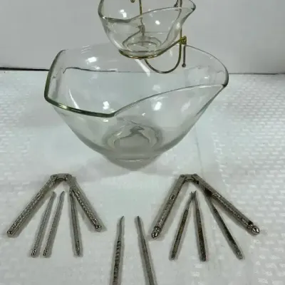 Mid-Century Glass Serving Bowl with Elevated Dip Dish 