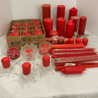 Large Assortment of Red Candles & Candle Holders