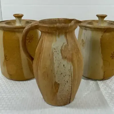 Handmade Pottery Pitcher & Covered Crocks