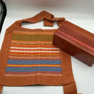 Vintage Cedar Box & Handwoven Textile Bag