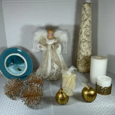 Elegant Christmas Dcor Collection  Avon “Bringing Home the Tree” Plate, Angel, Candles & Gold Accent
