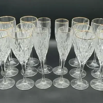 Elegant Vintage Gold-Rimmed Champagne Flutes and Wine glasses