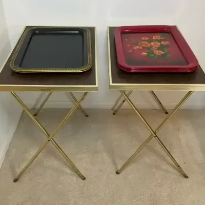 Mid-Century Style Folding TV Trays with Decorative Serving Trays