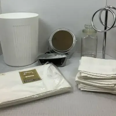 White Bathroom Accessories & Linens with Chrome Vanity Mirror and Towel Stand