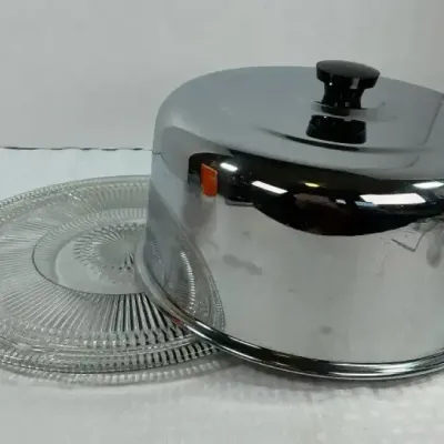 Mid-Century Chrome Cake Keeper with Glass Serving Platter