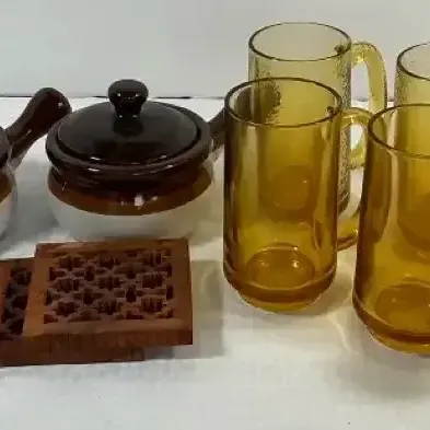 Vintage Amber Glass & Brown Pottery Kitchen Collection