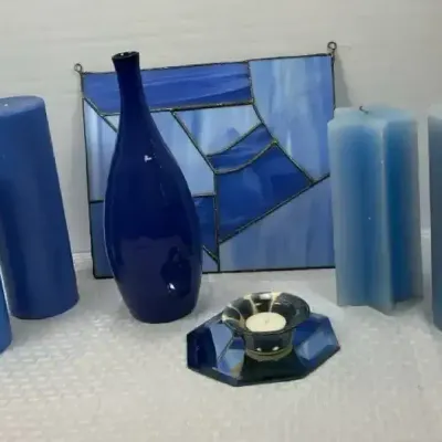 Blue Decorative Collection with Candles, Art Glass Vase & Stained Glass Panel