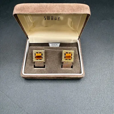 Gold-toned Genuine Tigereye Swank Cufflink Set In Original Packaging