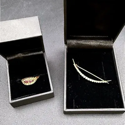 14k Gold Crescent Moon Brooch With Seed Pearls And 14k Gold Ring With Pearl And Red Stones