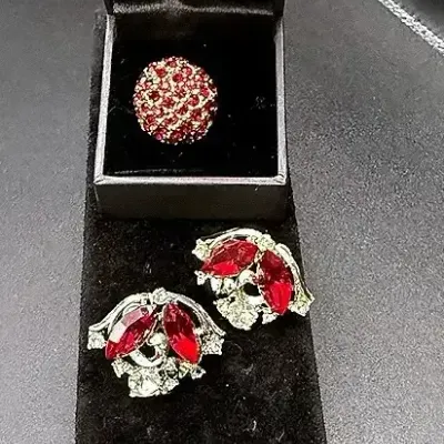 Coro Double-Hinged Cuff Bracelet & Radiant Red Jeweled Ring And Clip-on Earrings