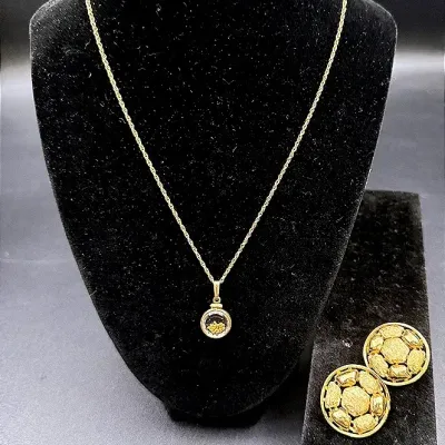 Gold Nugget Filled Bezel Pendant Necklace & Puccini Round Clip-on Earrings