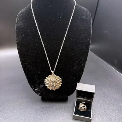 Anna Greta Eker Norway Sterling Silver “Jester” Ring & Silver-Toned Sun Face Pendant Necklace 